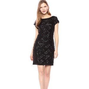 Eliza J Black Sequin Cocktail Dress Sheath Cap Sleeve Raw , size 8